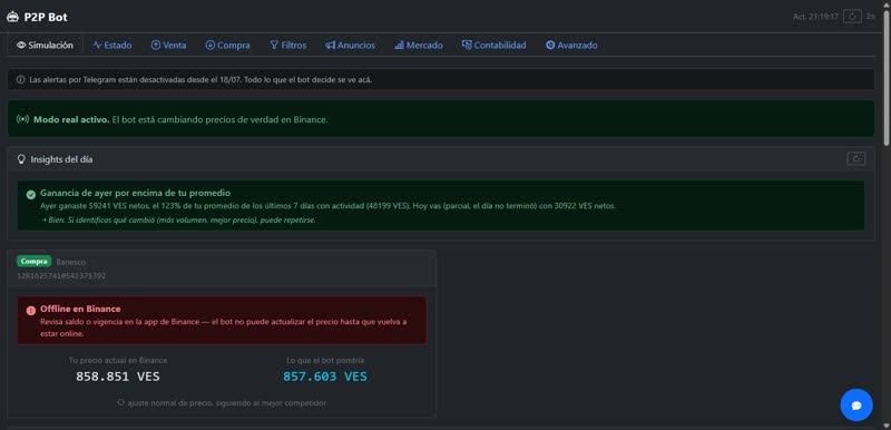 Panel de simulacion de Centinela P2P comparando el precio actual del anuncio en Binance contra el precio que el bot calcularia.