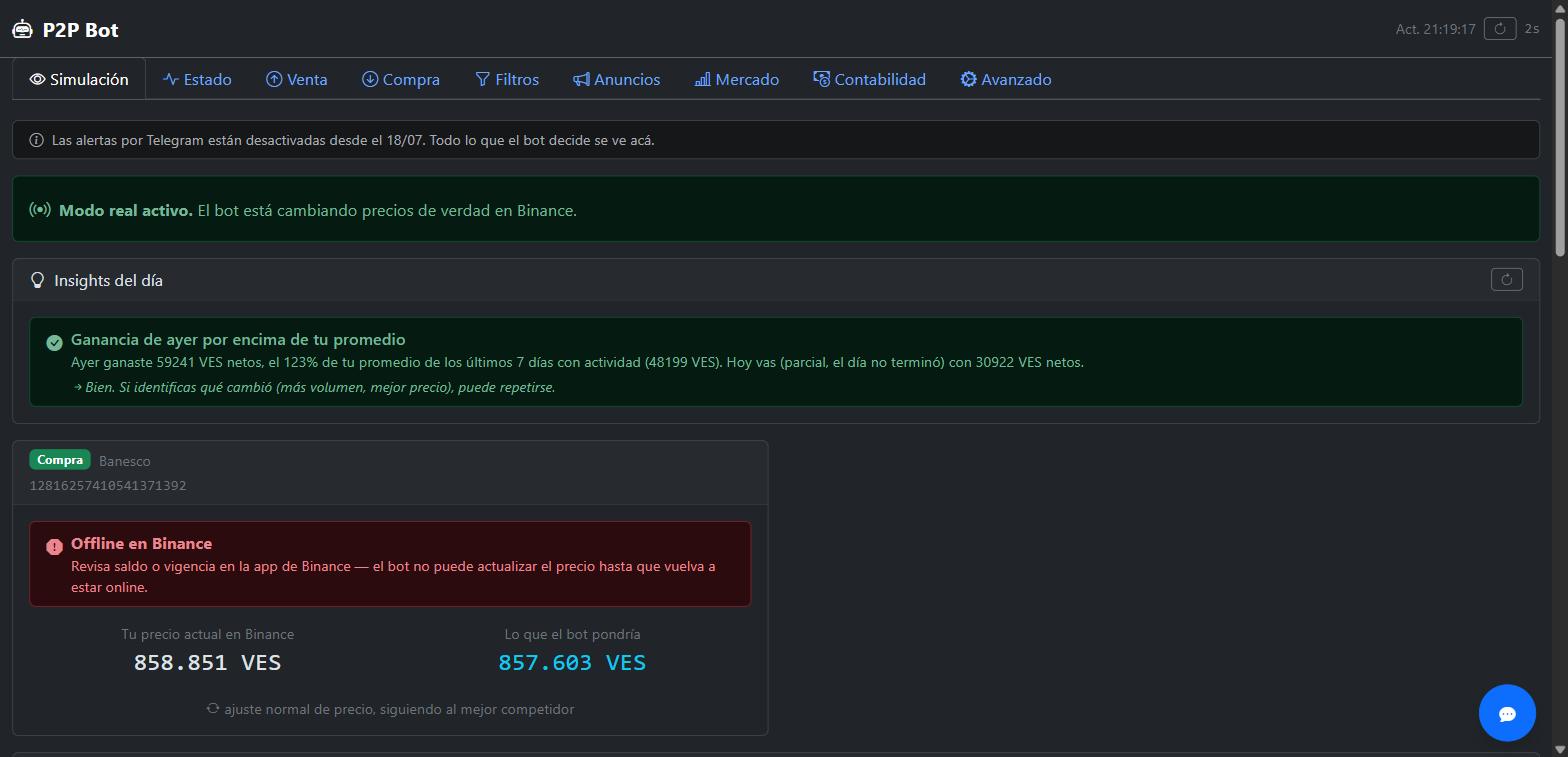 Panel de simulacion de Centinela P2P comparando el precio actual del anuncio en Binance contra el precio que el bot calcularia.